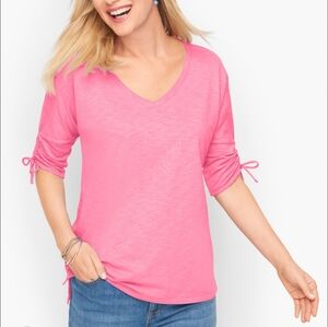 Talbots Tie Detail V-Neck Cotton Blend Short Sleeve Tee Size Small Pink Soft